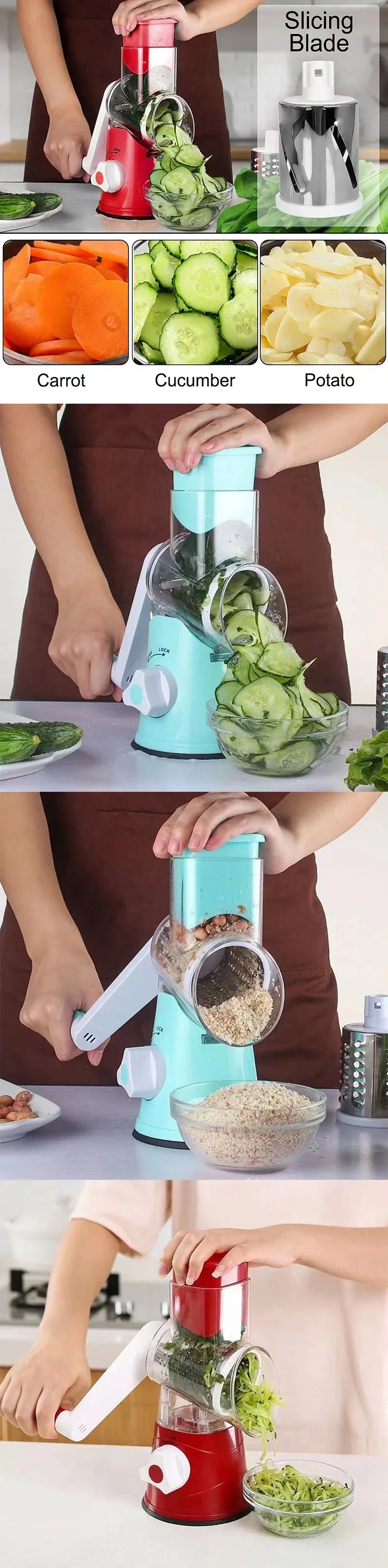 Vegetable Slicer Manual Kitchen Accessories Vegetable Chopper 3 in 1 Round Grater Cutter Potato Spiralizer Home Kitchen Gadgets