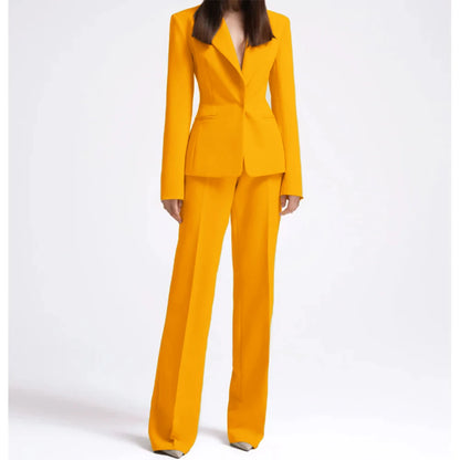 Office Lady Fashion Beige Women Suits One Button Peak Lapel 2 Piece Jacket Pants Slim Fit Smart Causal Conjuntos De Pantalones