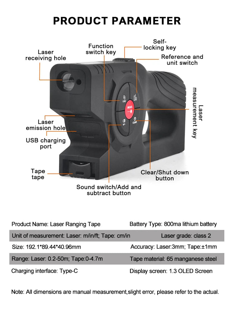 T1 Digital Tape Measure Professional Accurate Measuring Tool Green Laser E-Paper Measuring List Measurements Range Laser 0.2-50m