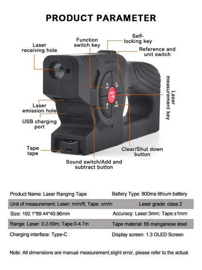 T1 Digital Tape Measure Professional Accurate Measuring Tool Green Laser E-Paper Measuring List Measurements Range Laser 0.2-50m