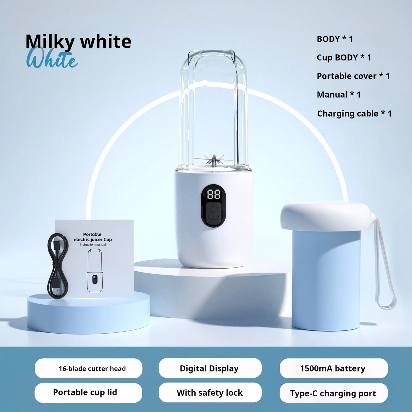 500ML Portable Blender with Lid Rechargeable Wireless Orange Juicer 16 Stainless Blades USB Smoothie Vegetables Fruits Mixer