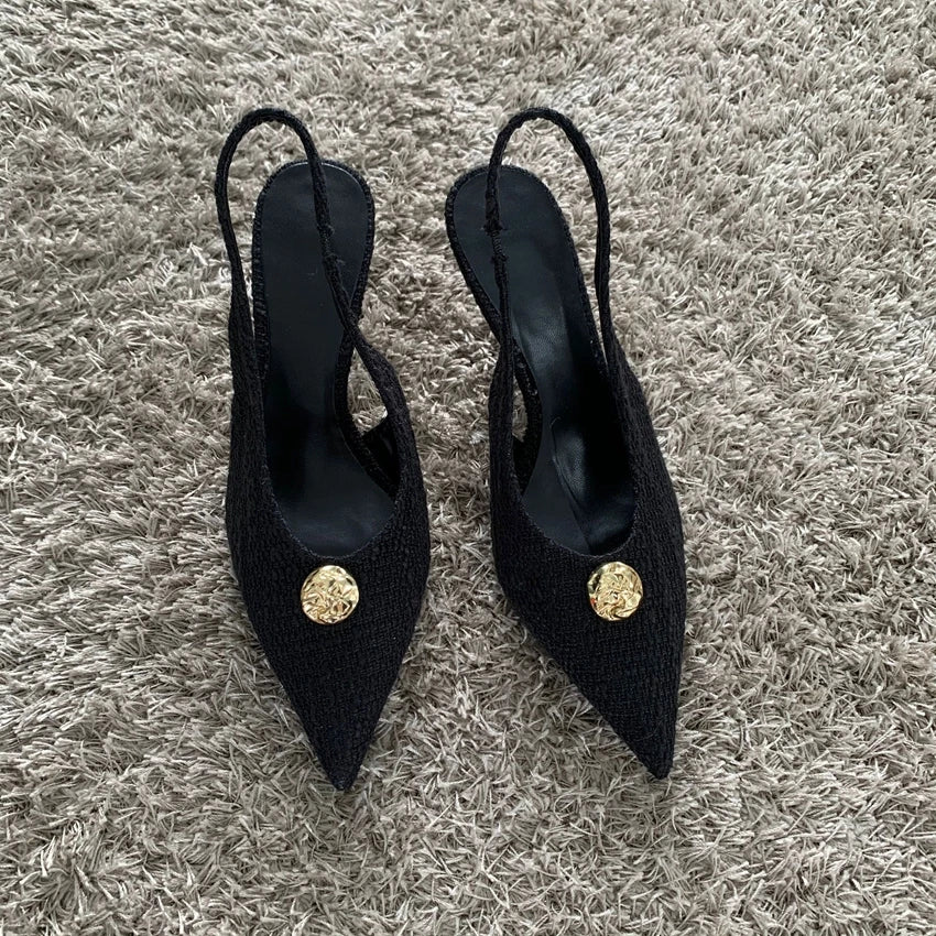 Fashion Women’s Black High Heels Sexy Pointed Shallow Mouth Pumps 2025 Spring Female Slingbacks Dress Office Shoes
