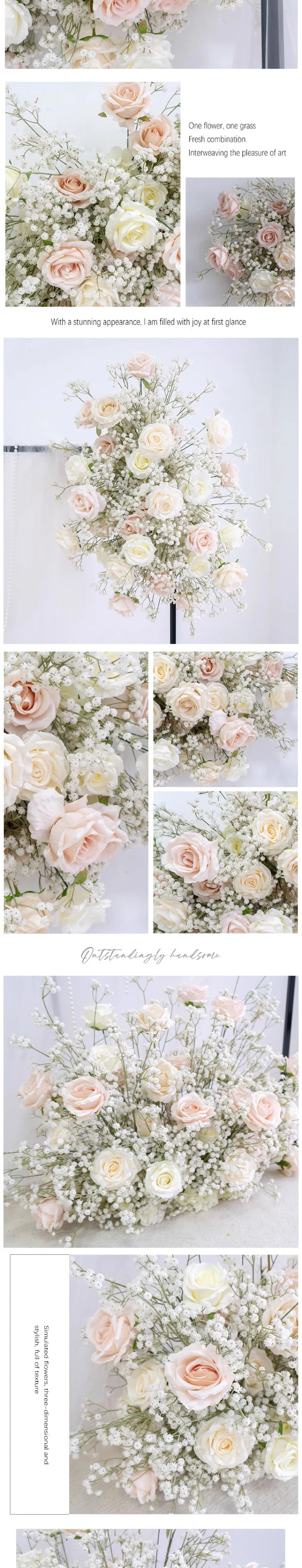 Luxury White Rose Babys breath Artificial Flower Row Wedding Backdrop Arch Decor Hang Floral Arrangement Event Party showcase