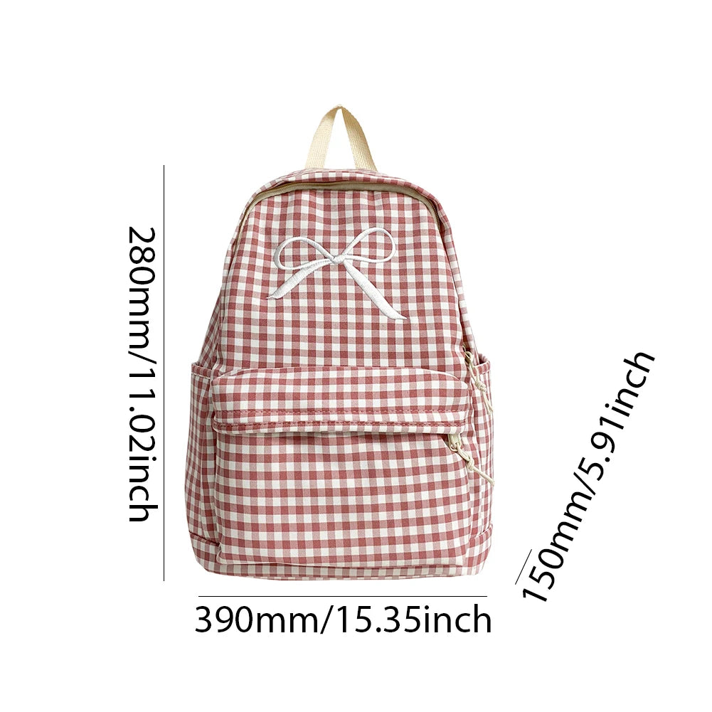 Cute Bowknot Plaid School Backpack Lightweight School Bag Nylon Student Rucksack for Girls Women High School College Work