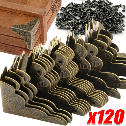 Carved Wooden Boxes Corner Protector Metal Edge Corners Guard Cover with Screws Wood Case Furniture Dresser Table Decoration