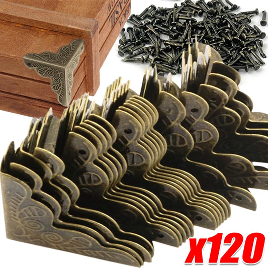 Carved Wooden Boxes Corner Protector Metal Edge Corners Guard Cover with Screws Wood Case Furniture Dresser Table Decoration
