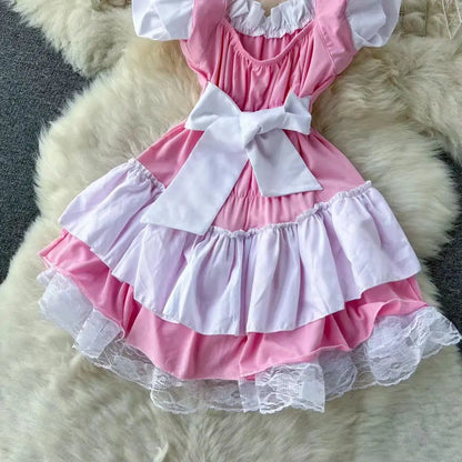 Pink Sweet Women LolitaMini Dress Y2k Servant Low Cut Lace Patchwork Mini Dress Birthday Cocktail Role Play Maid Short Dresses