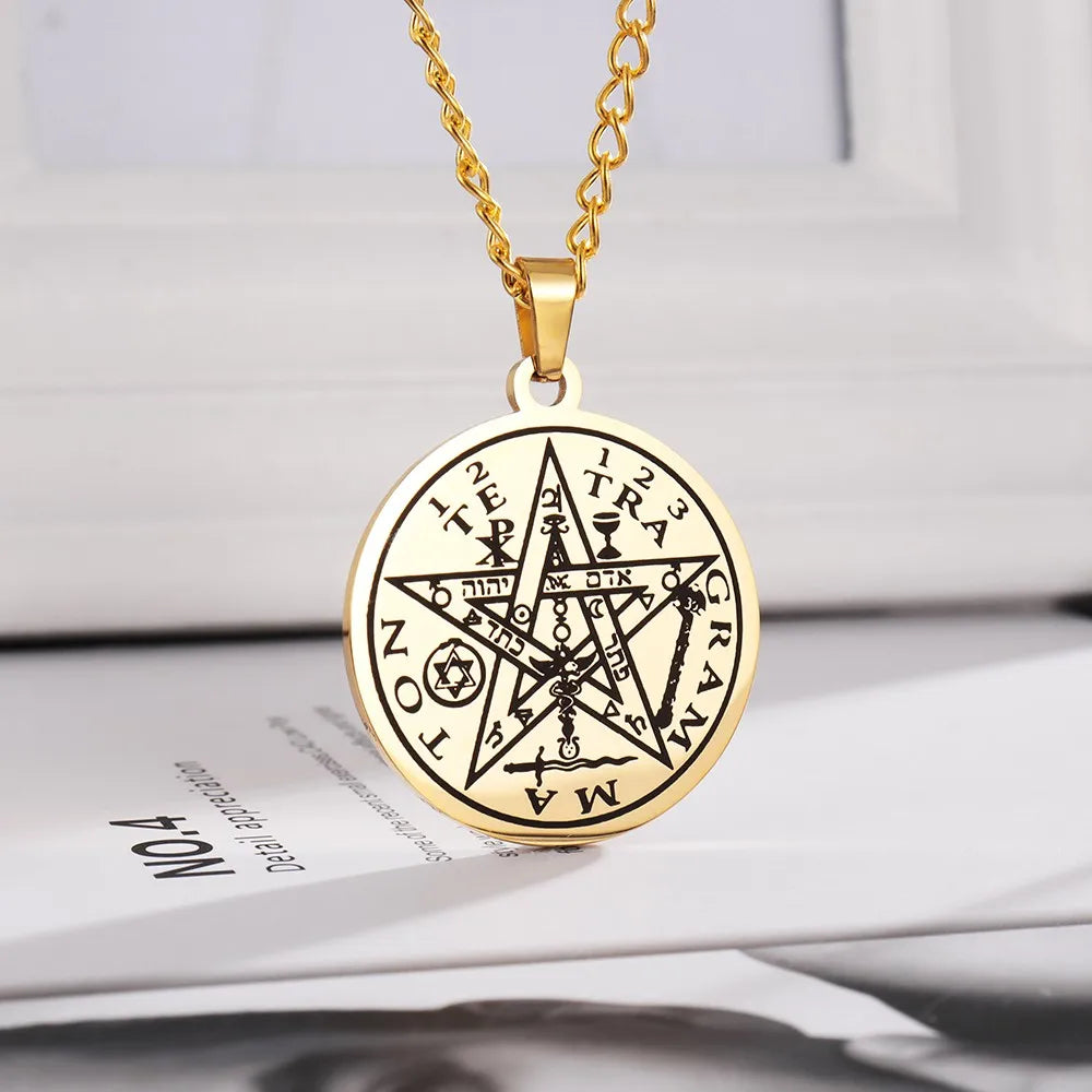 Round Stainless Steel Salomon Pentagram Pendant Charm Men's Necklace Hip Hop Punk Accessories Jewelry Gift Dropship