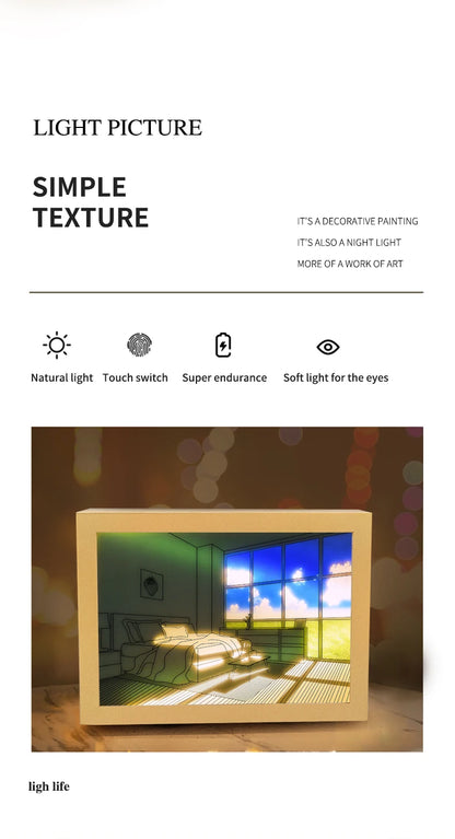Beautiful LED Light Painting Indoor Sunlight Window Wooden Photo Light Dimming Wall Artwork Table Lamp Home Decor Night Lamp