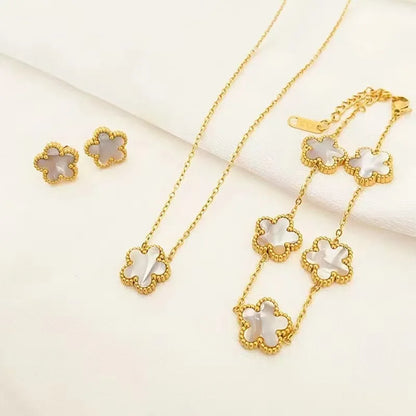 3Pcs Stainless Steel 316L Luxury Plum Blossom Plant Five Leaf Flower Necklace Earrings Bracelet For Women Gift Jewelry Sets