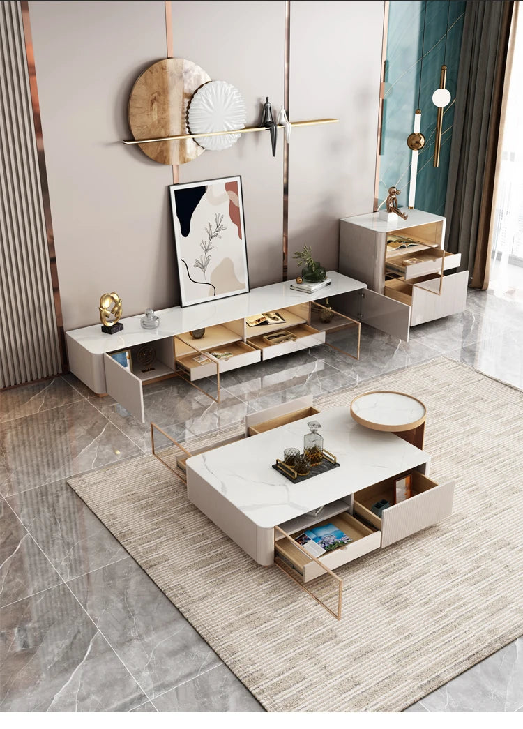 Living Room Furniture Modern Luxury Cabinet TV Stand Stainless Steel +mdf+rock Plate+solid Wood Carton + Wooden Frame Storage