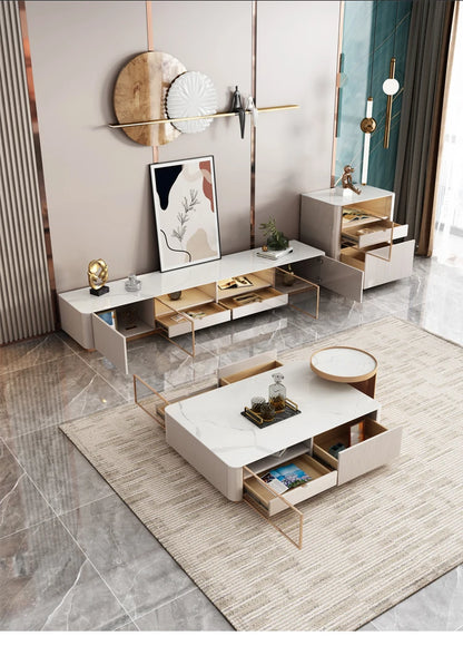 Living Room Furniture Modern Luxury Cabinet TV Stand Stainless Steel +mdf+rock Plate+solid Wood Carton + Wooden Frame Storage