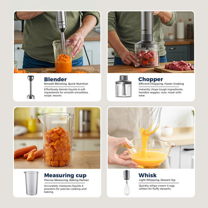 Hand Immersion Blender Powerful 4-in-1 Stainless Steel Stick Food Mixer 700ml Mixing Beaker 500ml Processor Whisk