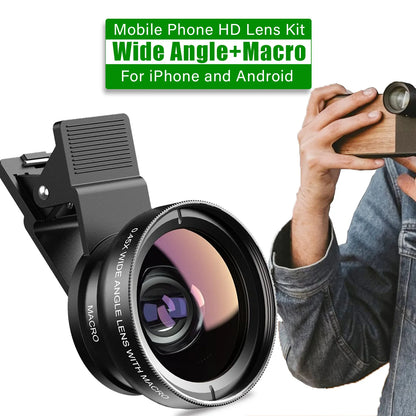 Phone Camera Lens 2 in 1 Clip-on Kit 37mm 0.45X 49UV Super Wide Angle Macro Phone Camera Lens for iPhone 15 14 13 12 11 Android