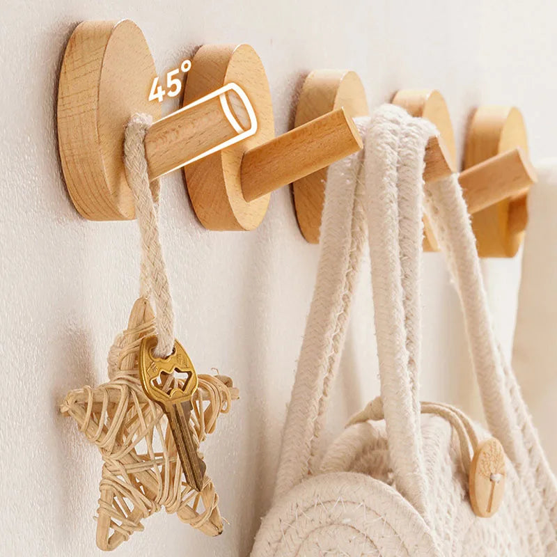 Self-Adhesive Wooden Wall Hooks for Hanging,Modern Coat Hooks,Natural Wood Hooks for Hanging Hats Towels Robe Clothes Keys Bags