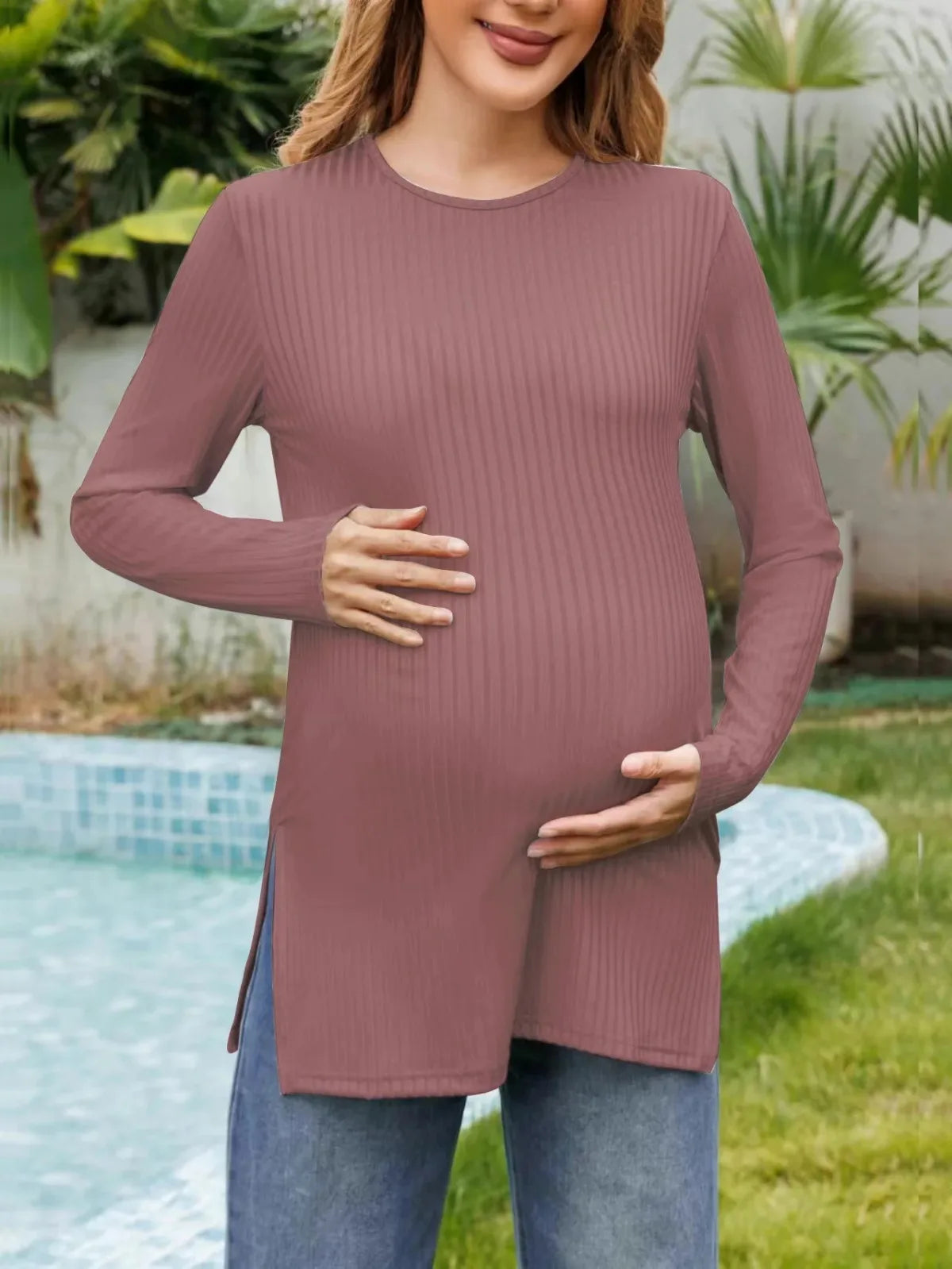 Spring New Maternity Clothes Round Neck Solid Color Slit Long Sleeve Base T-shirt Tops For Pregnant Women Maternity Wear