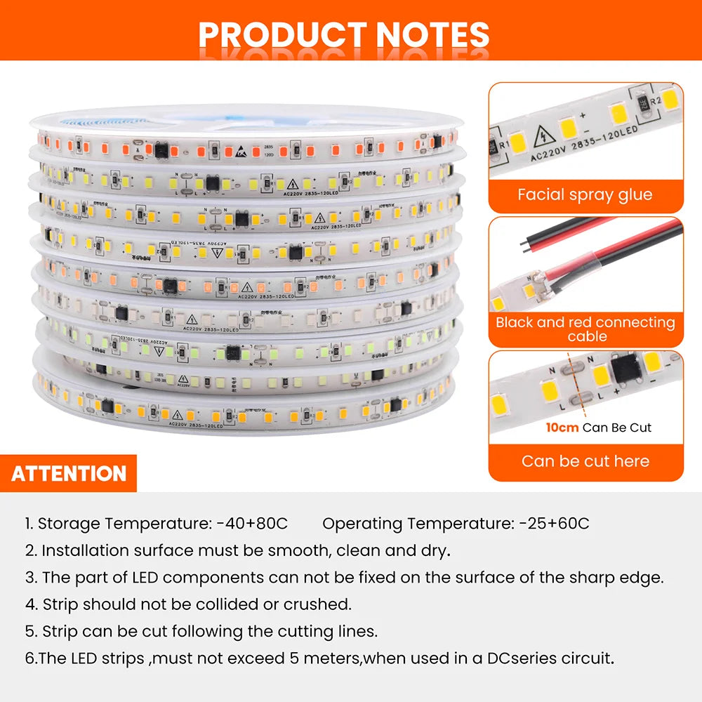5m 10m 20m 50m LED Strip Light AC 220V 230V 240V IP55 2835 120 LEDs Flexible Ribbon Rope Lights Tape 9 Colors Home Decoration