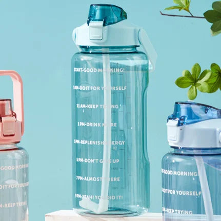 2L Portable Water Bottle with Straw & Time Marker, Large Capacity Plastic Drink Bottle for Outdoor Sports & Fitness
