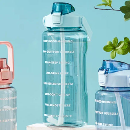 2L Portable Water Bottle with Straw & Time Marker, Large Capacity Plastic Drink Bottle for Outdoor Sports & Fitness
