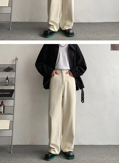 Baggy Beige Jeans Men Fashion Casual Oversized Wide Leg Jeans Men Streetwear Korean Loose Straight Denim Pants Mens Trousers