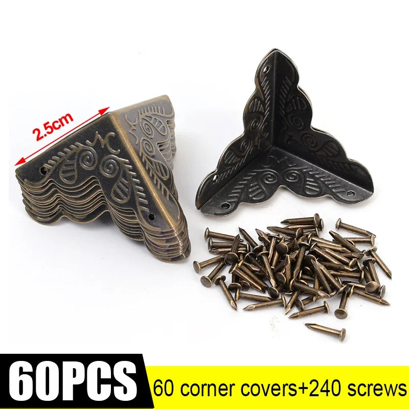 Carved Wooden Boxes Corner Protector Metal Edge Corners Guard Cover with Screws Wood Case Furniture Dresser Table Decoration