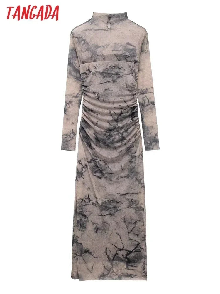 Tangada 2024 Women Print Pleated Mesh Dress Long Sleeve Sexy Famle Stand Collar Maxi Dresses 3H406