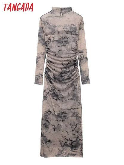 Tangada 2024 Women Print Pleated Mesh Dress Long Sleeve Sexy Famle Stand Collar Maxi Dresses 3H406
