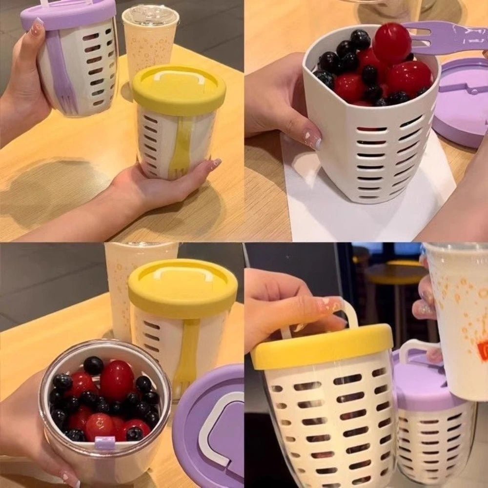 Salad Cup With Fork Cylindrical Plastic Fruit Cup Multifunctional Drainage Function Salad Container, Portable Lunch Box