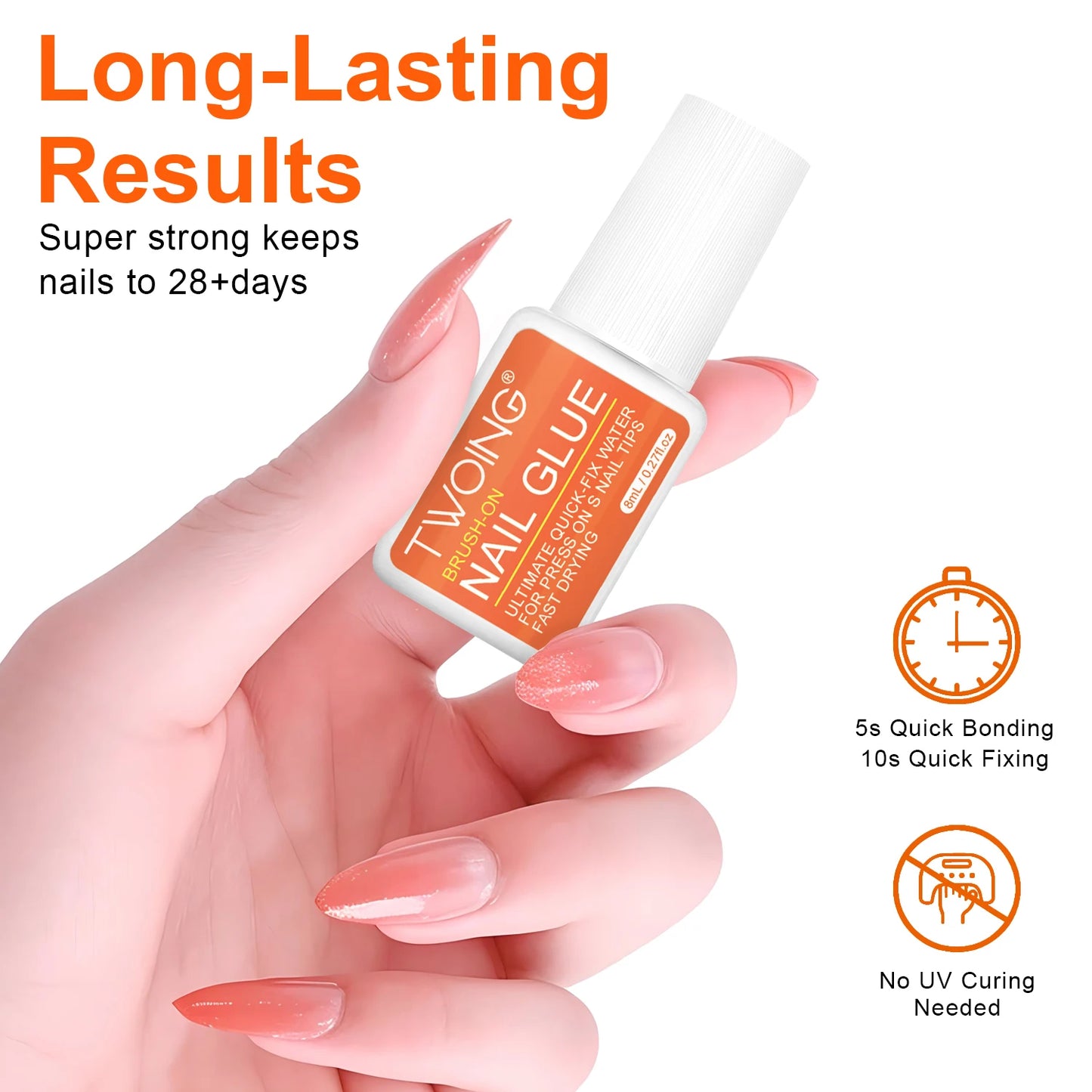 Twoing Waterproof Liquid Nail Adhesive,Long-Lasting & Fast-Drying, Formaldehyde-Free, Compatible with Acrylic Nails Fake Nails