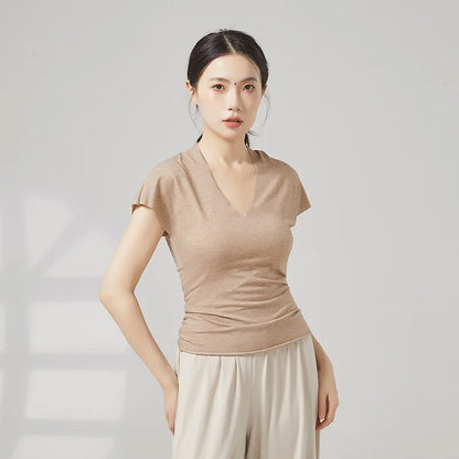 Modern Dance Clothes Women  V-Neck Seamless Short Sleeve T-Shirt Elegant Stage Costume Basic Training Tops Casual Summer Blouse
