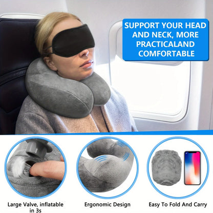 5Pcs Travel Pillow Set, Ergonomic Inflatable Travel Pillow with Earplugs - Soft Velvet Neck Support for Easy Storage and Carrying, Suitable for Airplanes, Cars, Offices and Campings, Sleep Rest Pillows