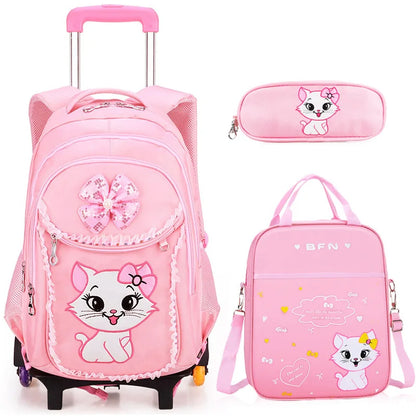 Children School backpack for Girls Cute Cat School Students Backpack For Kids Wheeled Backpack Bag Trolley School Bags On Wheels