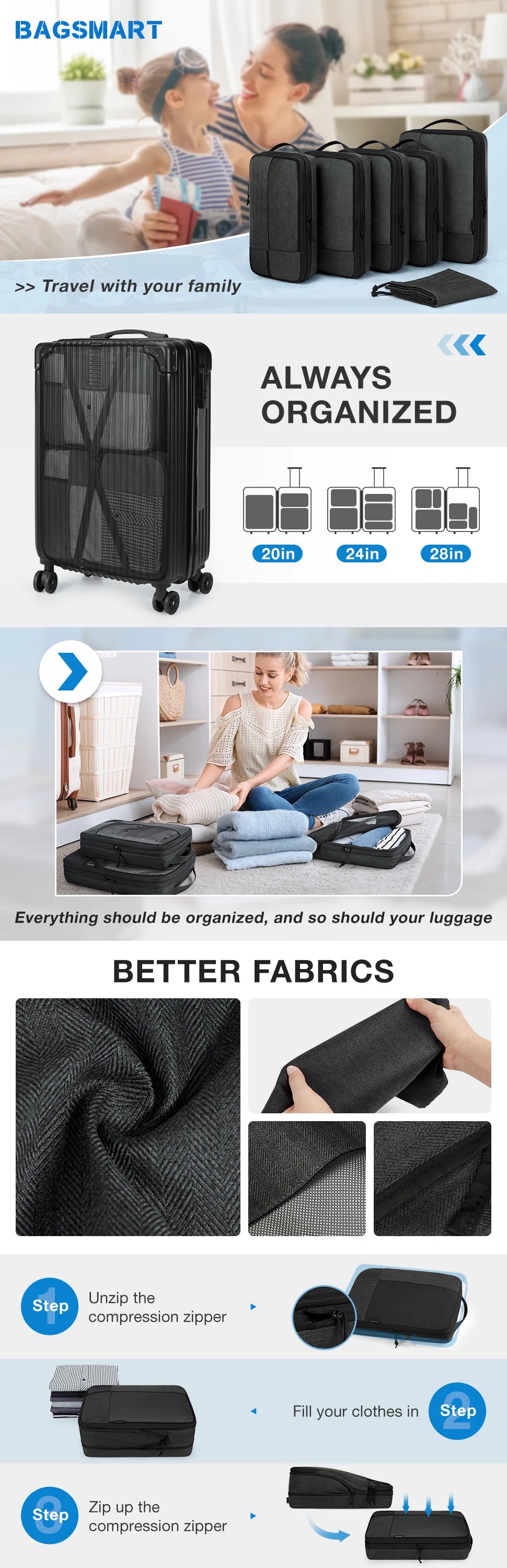 BAGSMART Compression Packing Cubes Men Travel Expandable Luggage Organizer  Carry on Luggage Packing Organizers for Women