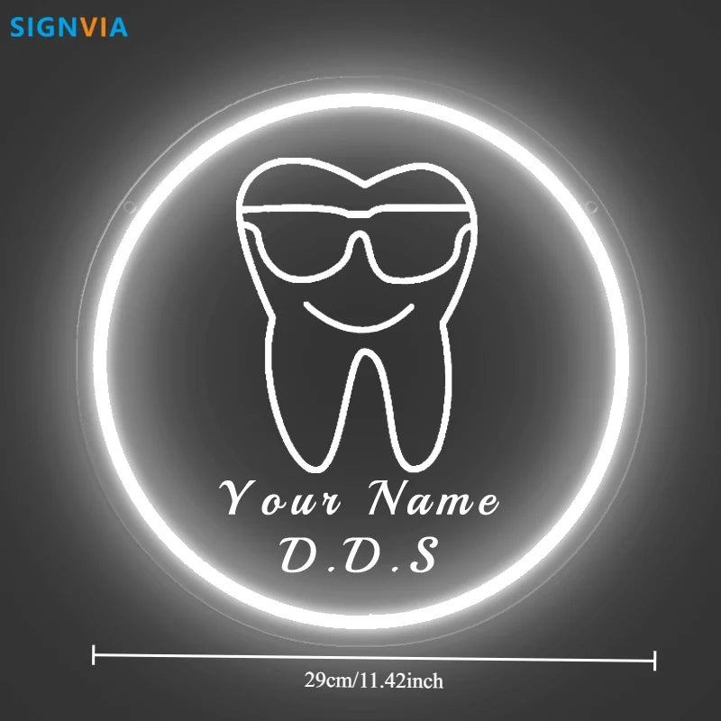 Custom Neon LED Tooth Sign with Glasses USB-Powered Wall Decor for Dental Parties Personalized Name White Light Circular Decor