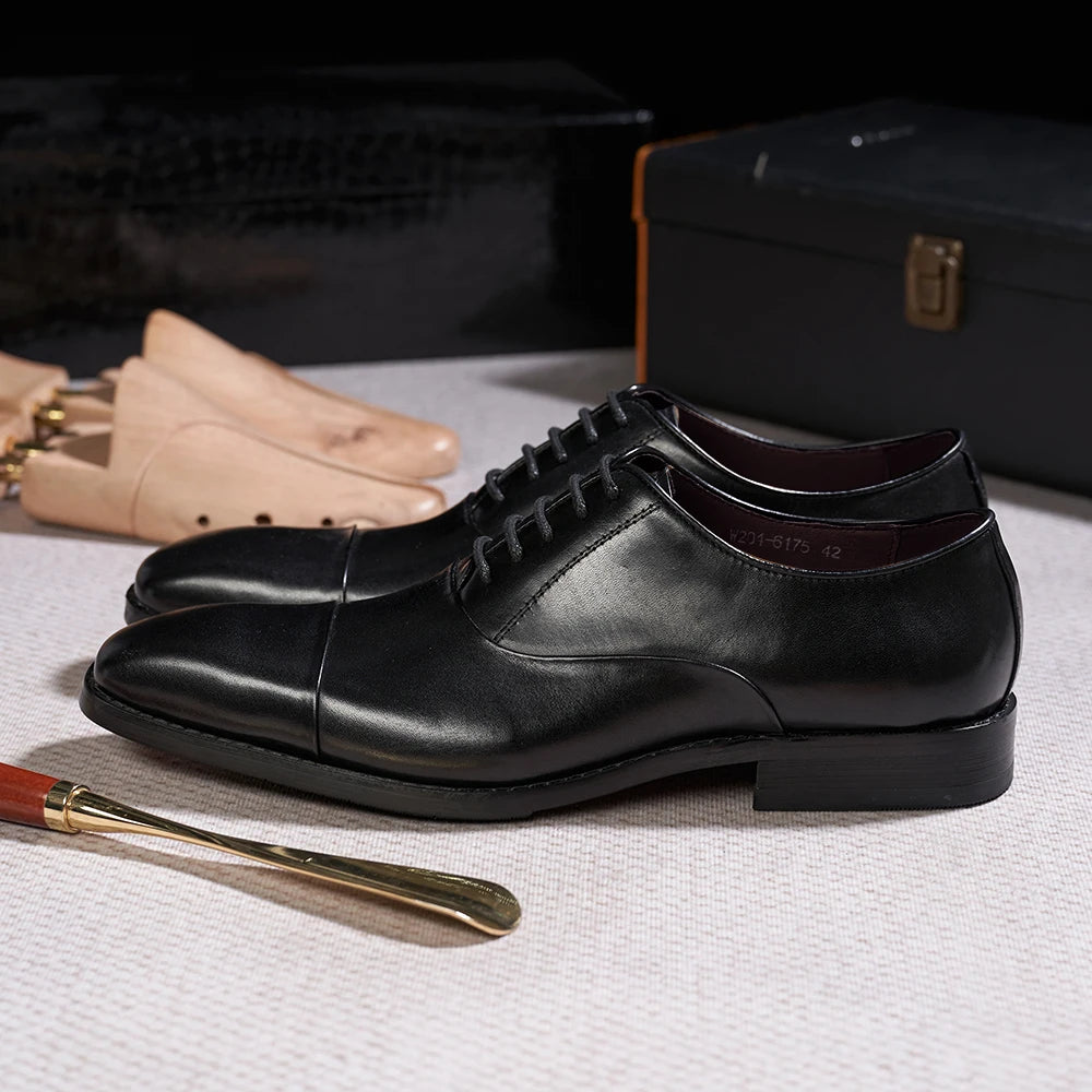 Men's Classic Lace-Up Oxfords Genuine Leather Luxury Office Shoes Solid Cap Toe Wedding Party Formal Dress Footwear for Men