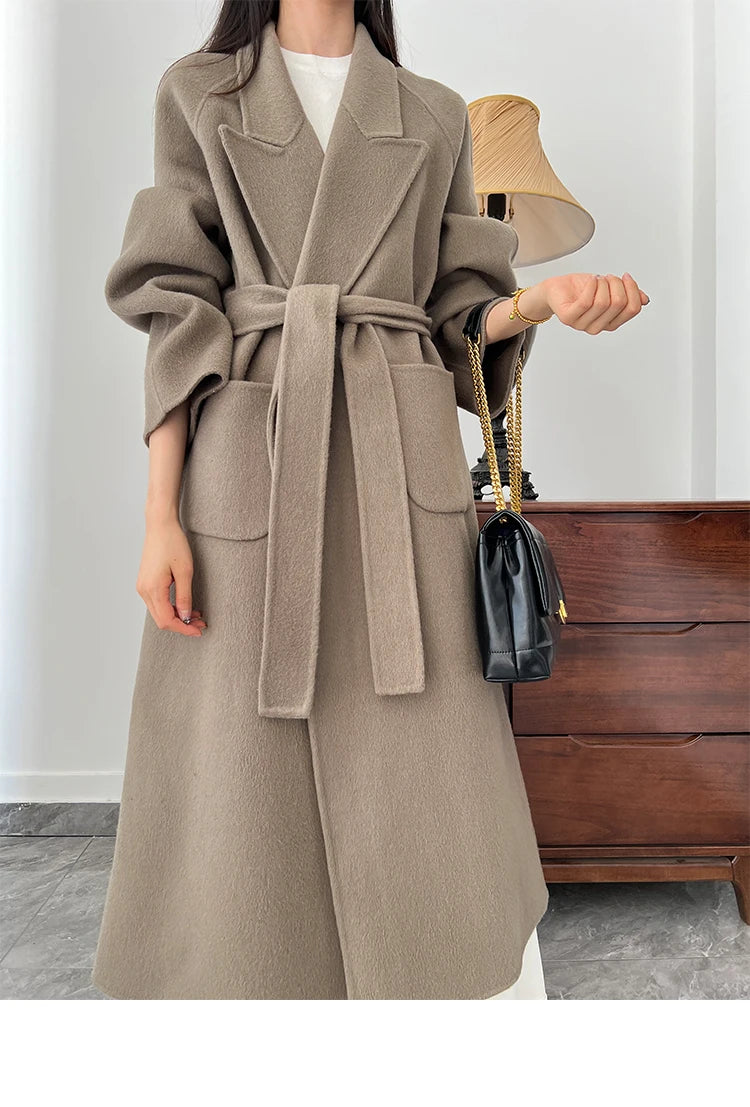 Office Lady Woolen Jackets 2024 Autumn And Winter Bathrobe Style Pocket Double-Sided Loose Lace -Up Tie Women's Long Wool Coats