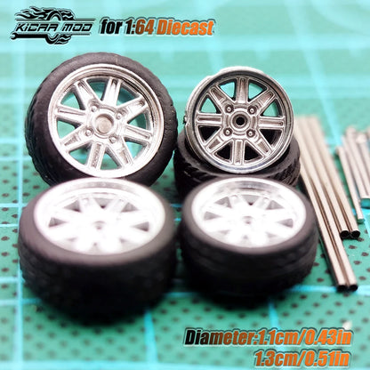 Kicarmod 1/64 Model Car ABS Wheels with Rubber Tire Metal Rims Front Small Rear Large Refitting Parts For Model Car Hot Wheels