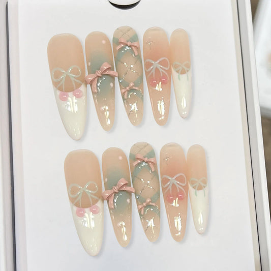 Gentle Nude Handmade Press On Nails With 3D Bowknot Decor Reusable Adhesive False Nails 10pcs Short Long Almond Shape Fake Nails