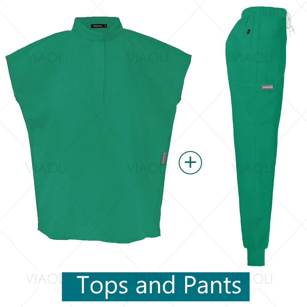 Scrubs Uniforms Sets Medical Nursing Hospital Working Clothes Solid Color Surgical Gowns Breathable Scrub Top Joggers Pants Suit