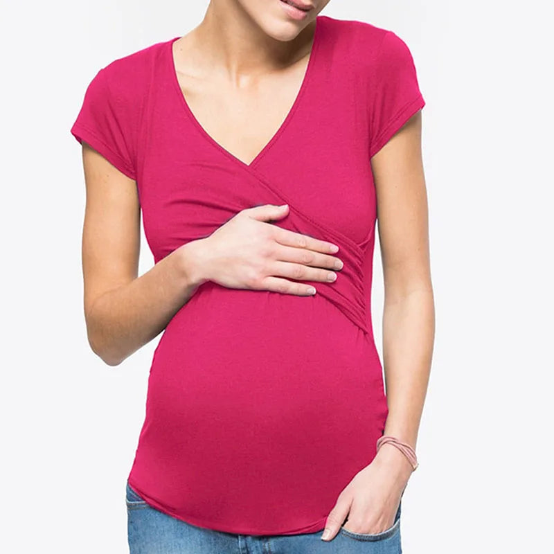 Maternity Clothes For Women Breastfeeding Clothing Short Sleeve T-Shirt Solid V-Neck Pregnant Women's Nursing Tops