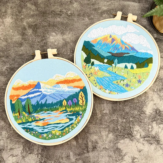 Embroidery Starter Kit for Adult Beginner with Landscape Mountain Nature Scenery Pattern Hand Set with Embroidery Cloth Needles