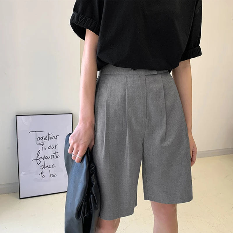 Korean Office Suits Shorts for Women Fashion Double-buttons High Waist Knee-length Pants Woman 2023 Summer Casual Short