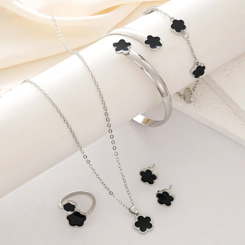 5pcs Lucky Five-petal Flower Women's Jewelry Set, Fashion Flower Bracelet + Necklace + Earrings + Bracelet + Ring Set, Birthday