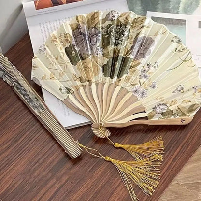 Portable Hand Fold Fan New Chinese Style Dance Props Retro Shell Fan Woman Men Bamboo Wood Silk Flower Folding Fan