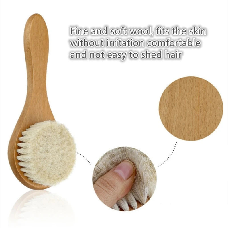 Baby Hair Brush Wooden Handle Baby Round Hair Brush Natural Soft Bristle Cradle Caps Brush for Toddler Newborn Infant A2UB