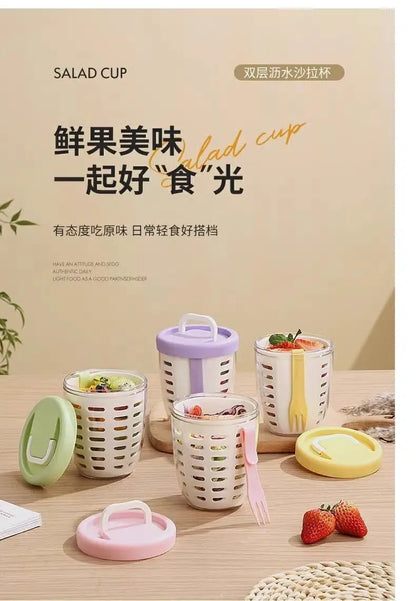 Salad Cup With Fork Cylindrical Plastic Fruit Cup Multifunctional Drainage Function Salad Container, Portable Lunch Box
