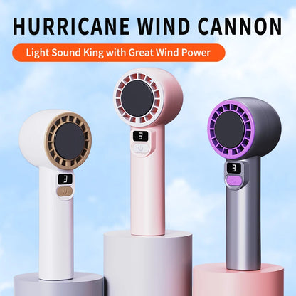 Digital display handheld fan with outdoor portability, USB rechargeable, featuring strong wind power, extended battery life.