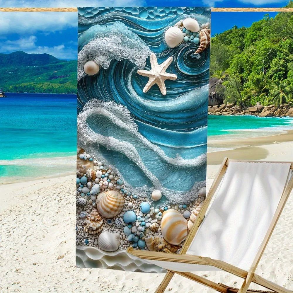 Beach Towel with Ocean Waves and Seashells - Dive into Summer! Suitable for towels, bath towels, beach towels