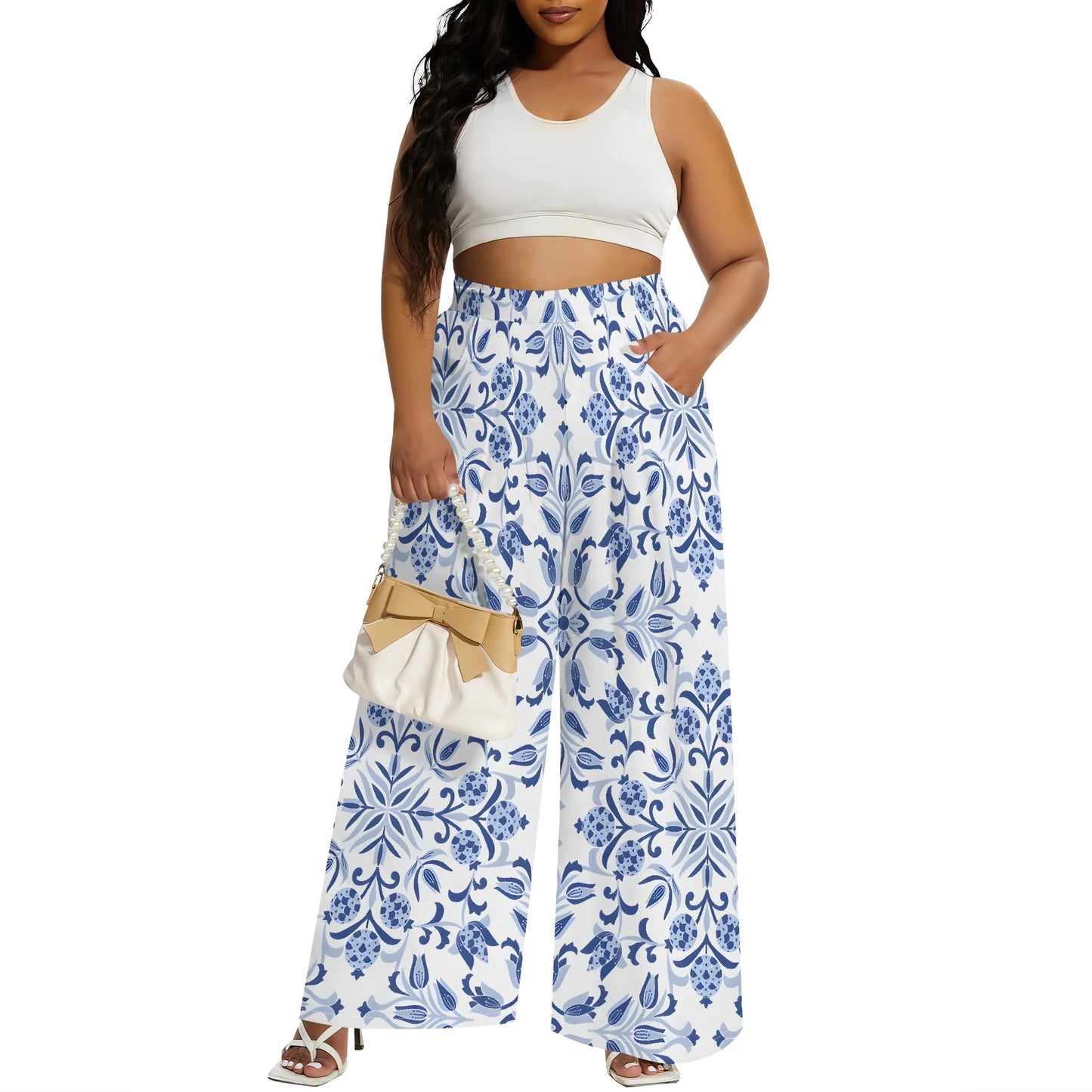 2025 Spring Palazzo Pants for Women High Waisted Wide Leg Stretchy Loose Fit Casual Trousers Party Pants with Pocket