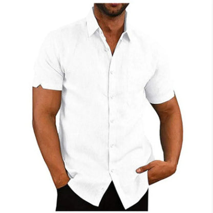 Men Pocket Blouse Tops Summer Male Turn Down Collar Button Short Sleeve Slim Solid Color Blouse Shirts YYCFS-19505